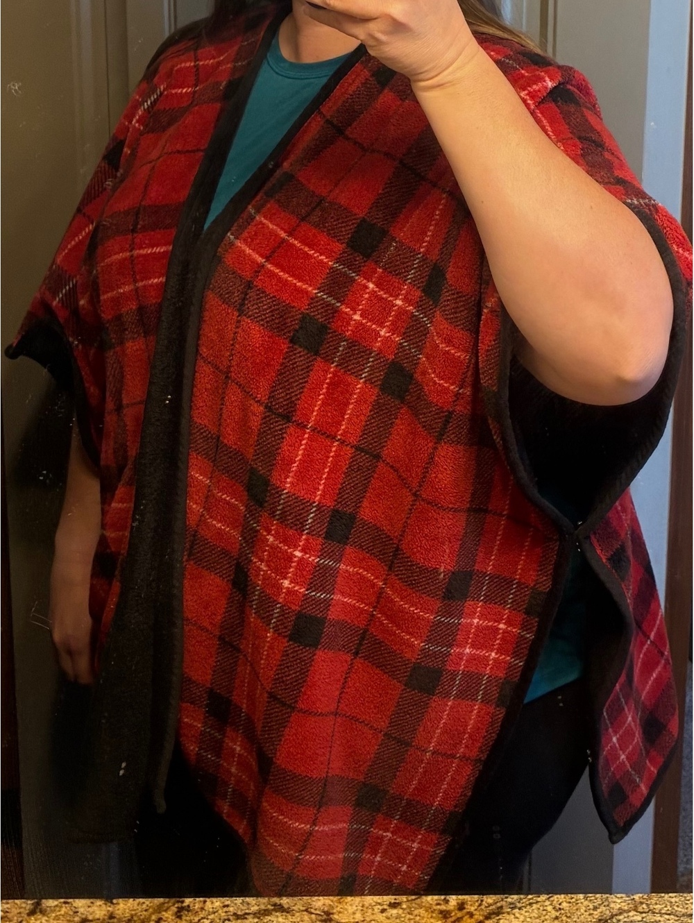 Cuddl Duds red plaid fleece wrap poncho